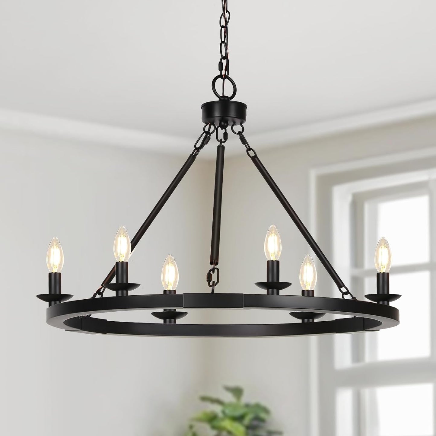 Black Farmhouse Chandelier, 6-Light Wagon Wheel Chandelier with