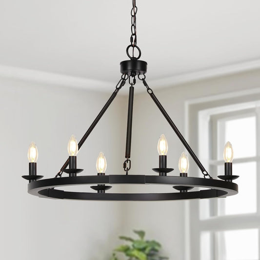Black Farmhouse Chandelier, 6-Light Wagon Wheel Chandelier with
