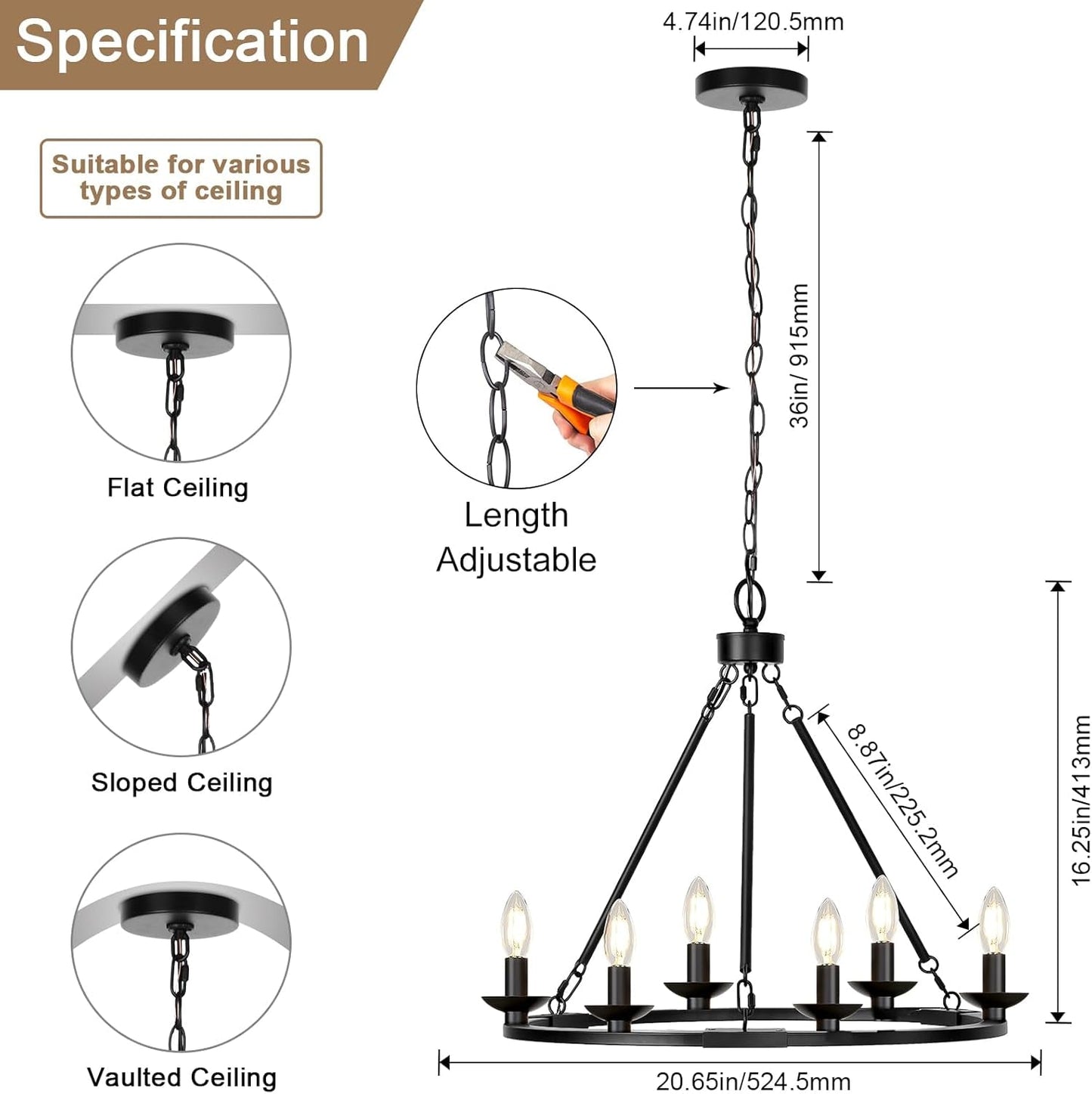 Black Farmhouse Chandelier, 6-Light Wagon Wheel Chandelier with