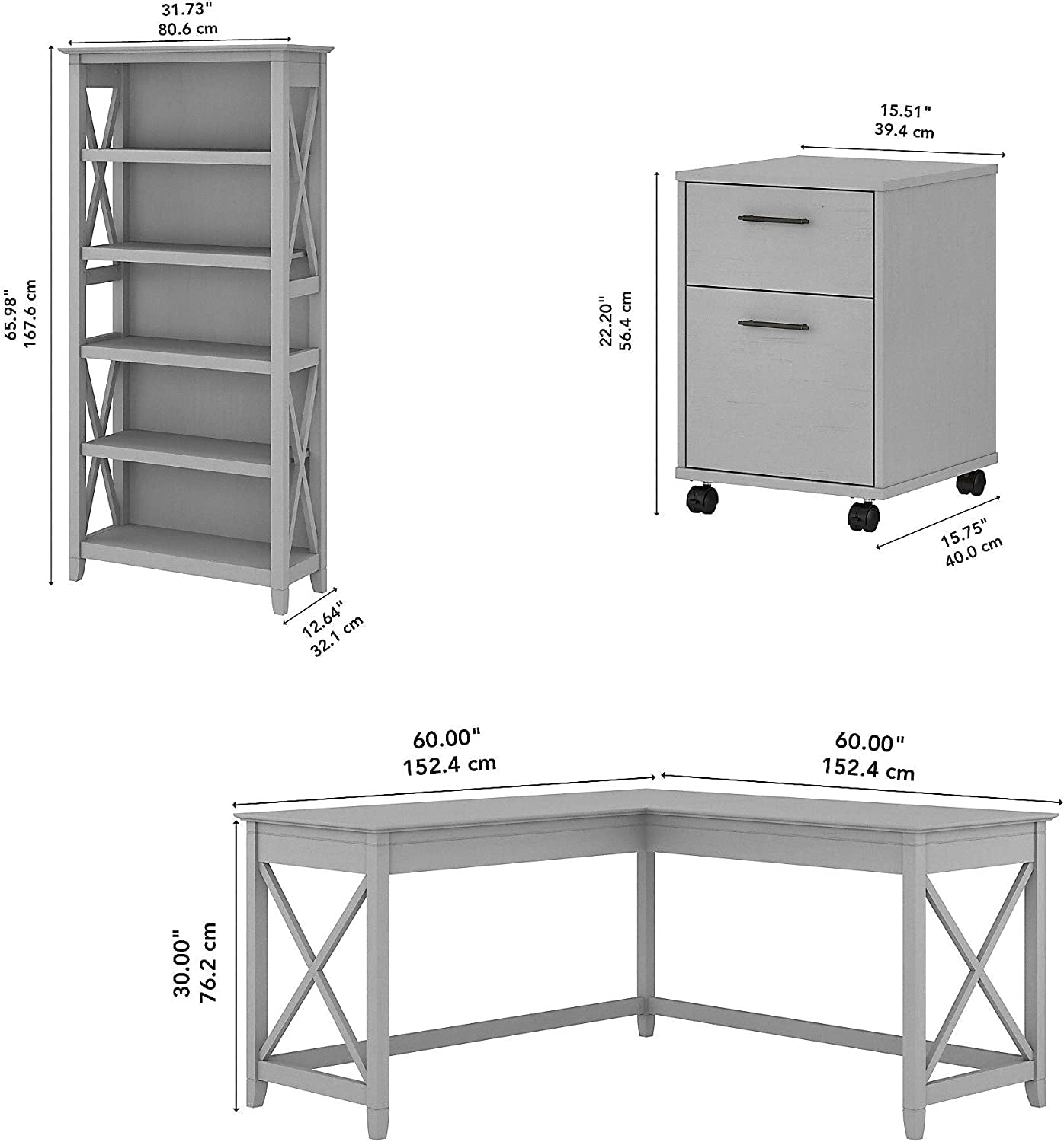 Key West L-Shaped Desk with Mobile File Cabinet for Home Office Workspace