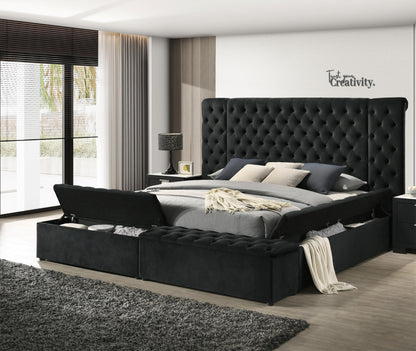 Luxurious 1pc Glam Tufted Headboard Upholstered Contemporary King Bed Multiple Storage Compartments Wooden Bedroom Furniture Black