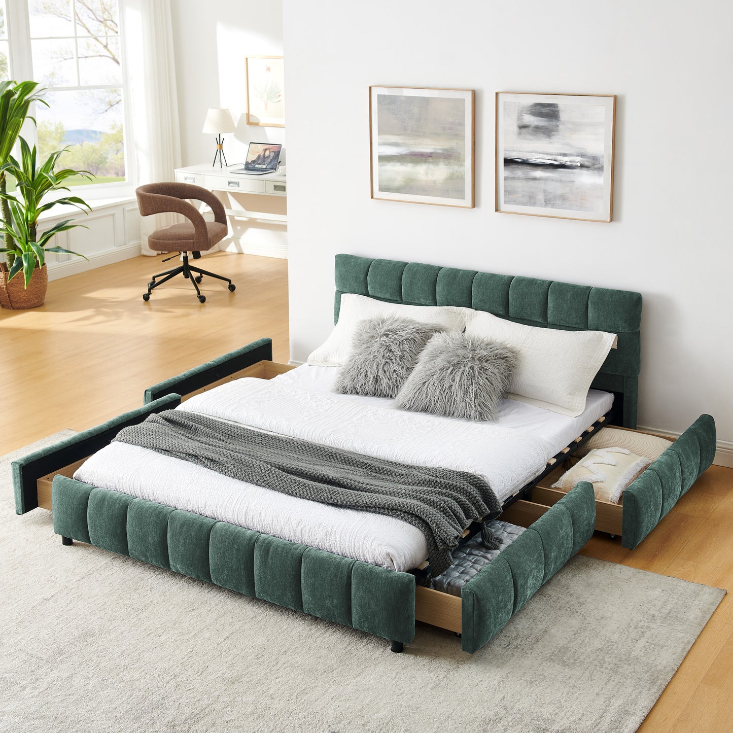 Modern Queen Size Upholstered Bed with Storage Drawer, Chenille Fabric, Green, 88.5''*68.5''*31''
