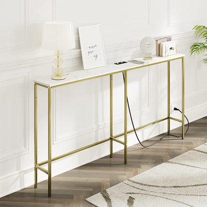 Modern Console Table with Power Outlet and Gold Frame