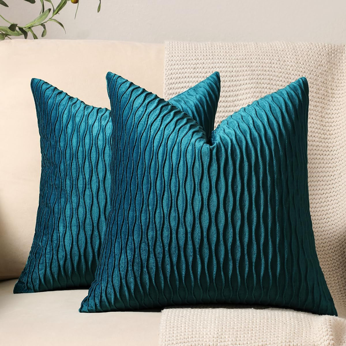 DEZENE Turquoise Throw Pillow Cases 22X22: 2 Pack Inch Original Striped Velvet Square Decorative Pillow Covers for Farmhouse Couch