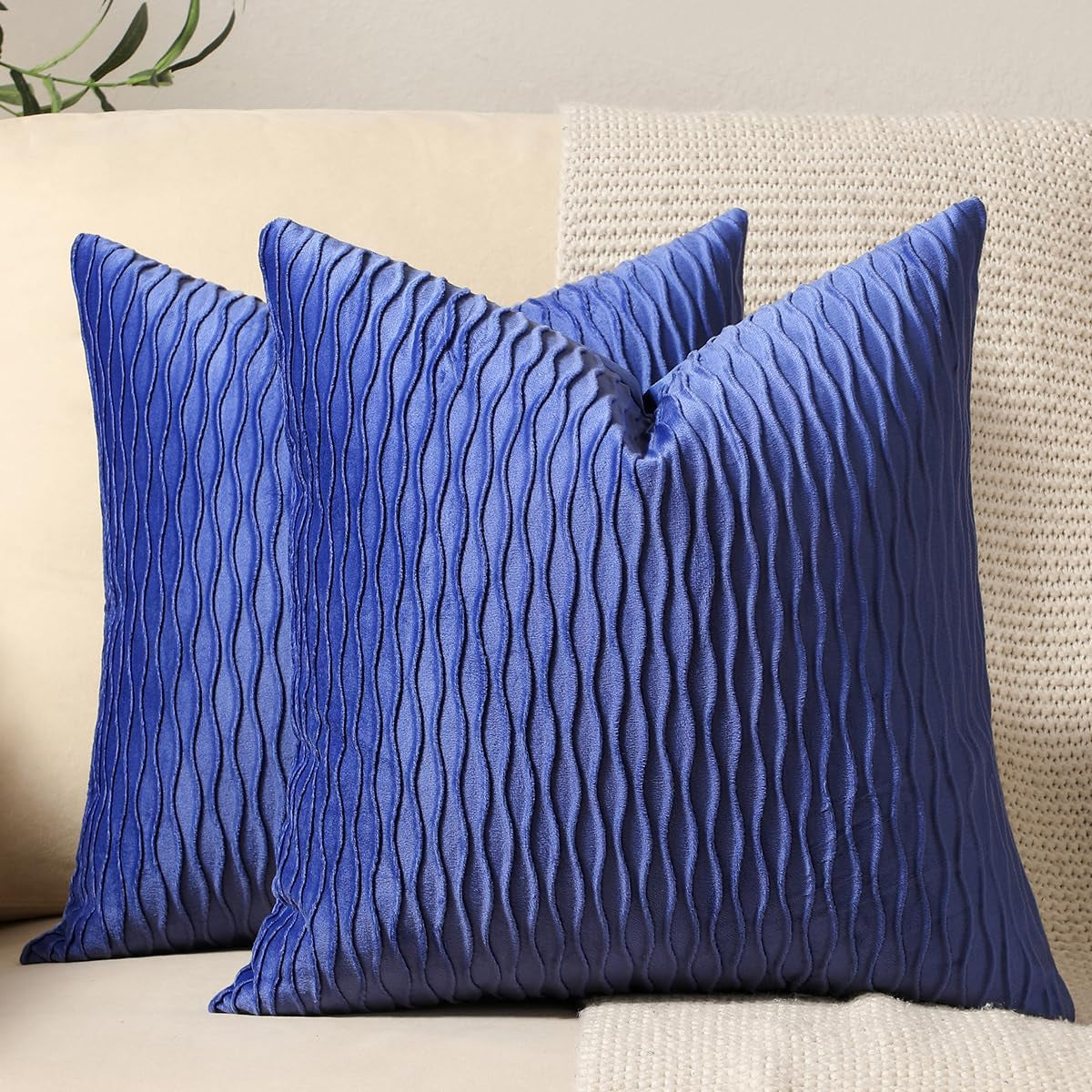 DEZENE Turquoise Throw Pillow Cases 22X22: 2 Pack Inch Original Striped Velvet Square Decorative Pillow Covers for Farmhouse Couch