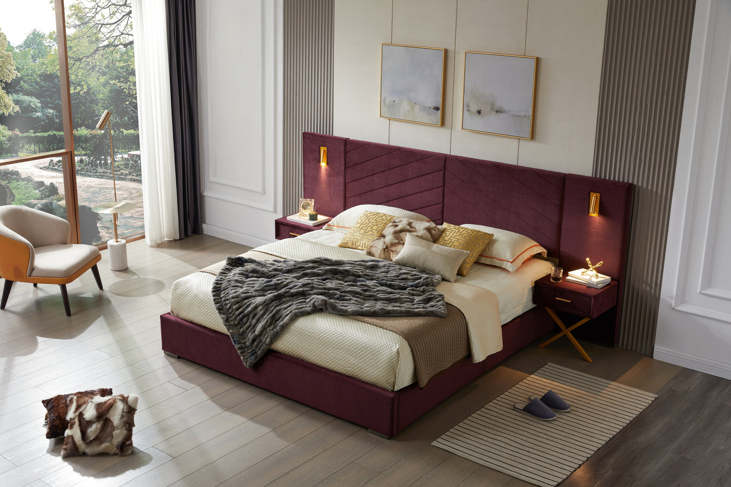 King Size Velvet Bed Frame/Vertical Channel Tufted Wingback Headboard/Upholstered Platform Bed/Strong Wooden Slats/No Box Spring Needed/Easy Assembly