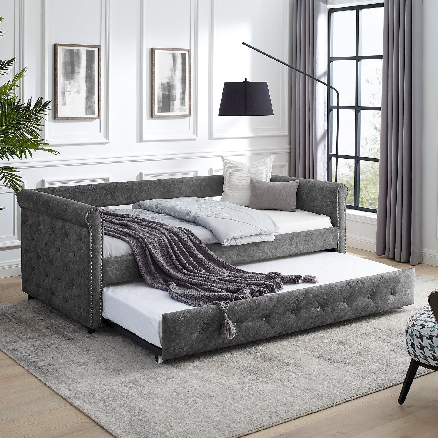 Upholstered Tufted Daybed Sofa Bed with Trundle and Convertible Design