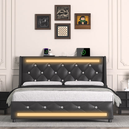 Queen Bed Frame with Headboard,Upholstered Platform Bed Frame Queen Size with Charging Station & LED Lights,Mattress Foundation with Wooden Slats Support,No Box Spring Needed,Noise Free,Easy Assembly