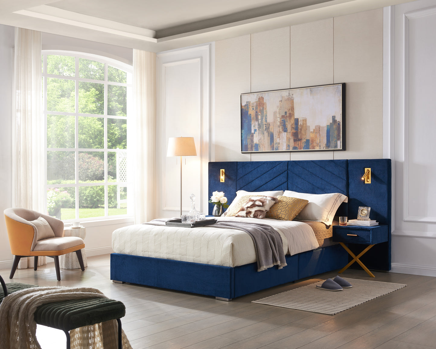 King Size Velvet Bed Frame/Vertical Channel Tufted Wingback Headboard/Upholstered Platform Bed/Strong Wooden Slats/No Box Spring Needed/Easy Assembly