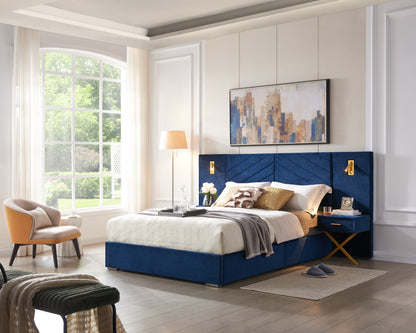 King Size Velvet Bed Frame/Vertical Channel Tufted Wingback Headboard/Upholstered Platform Bed/Strong Wooden Slats/No Box Spring Needed/Easy Assembly