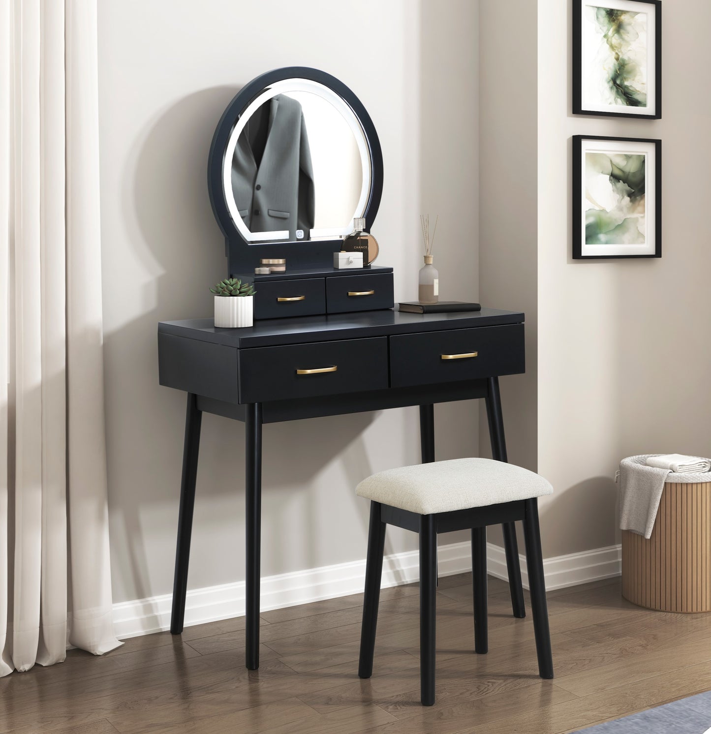 Beautiful Black Finish Vanity Dresser with Mirror and Stool Set Storage Drawers Luxury Furniture 1pc LED Mirror