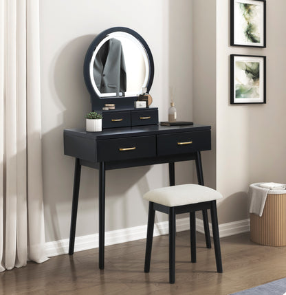 Beautiful Black Finish Vanity Dresser with Mirror and Stool Set Storage Drawers Luxury Furniture 1pc LED Mirror