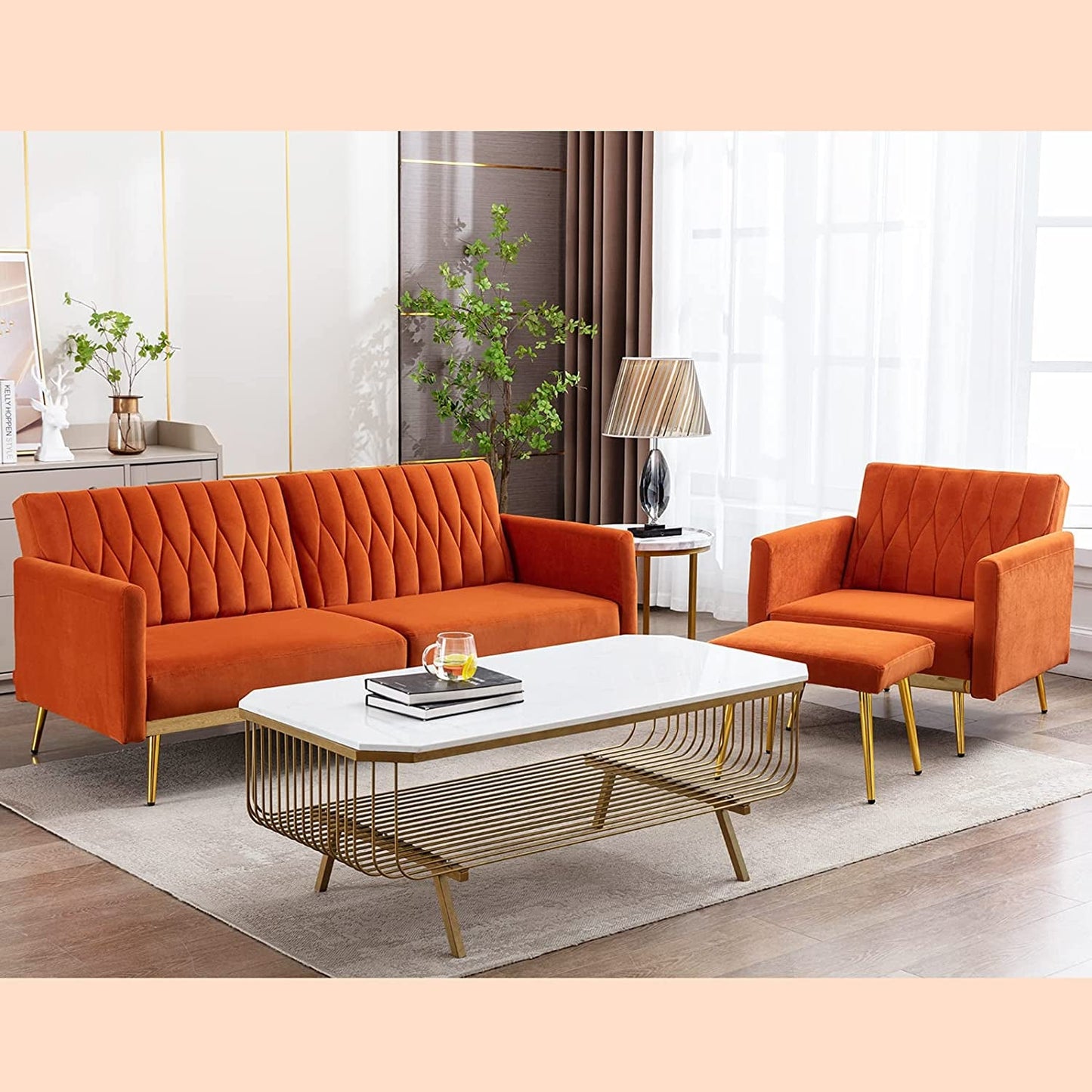 Orange Velvet Convertible Sofa Bed with Metal Legs