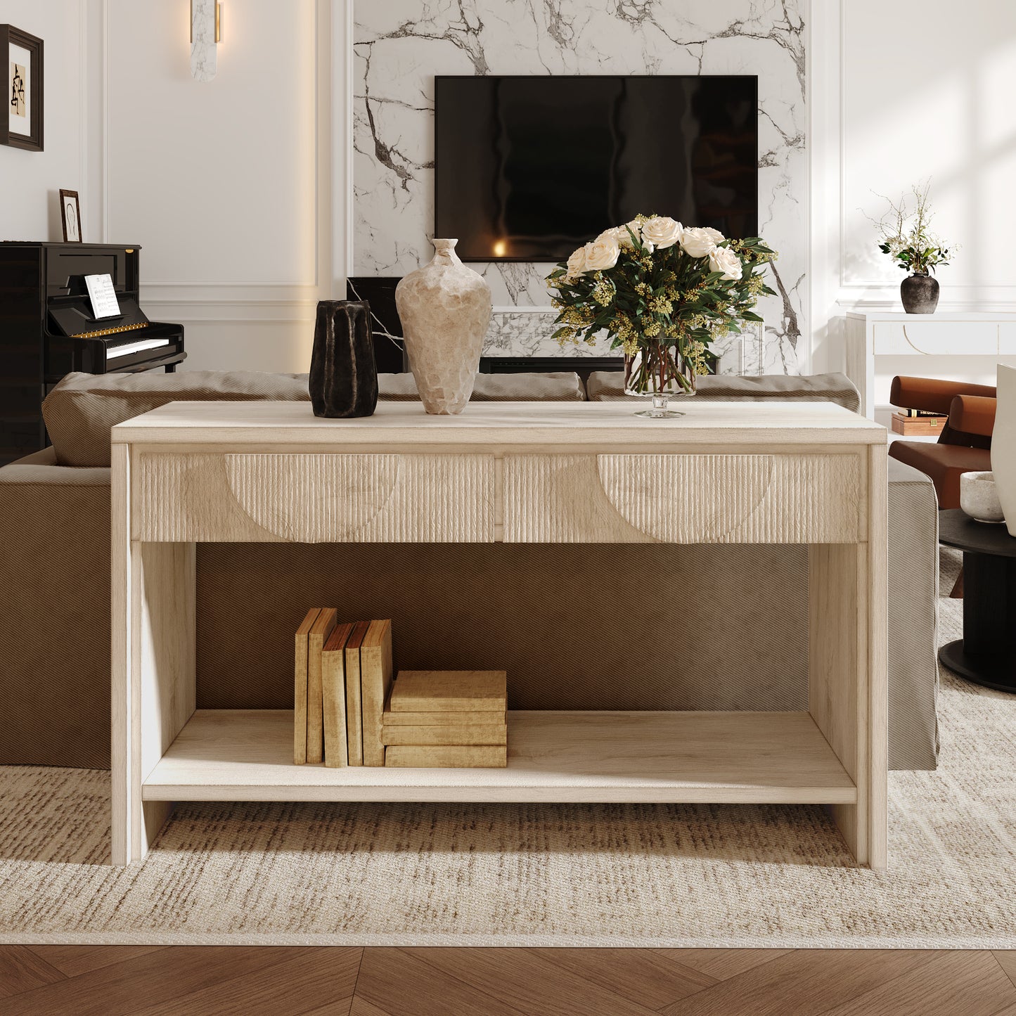 Farmhouse Style Console Table – 55.12' Long Distressed Wood Sofa Table with Storage Drawers & Open Shelf - White