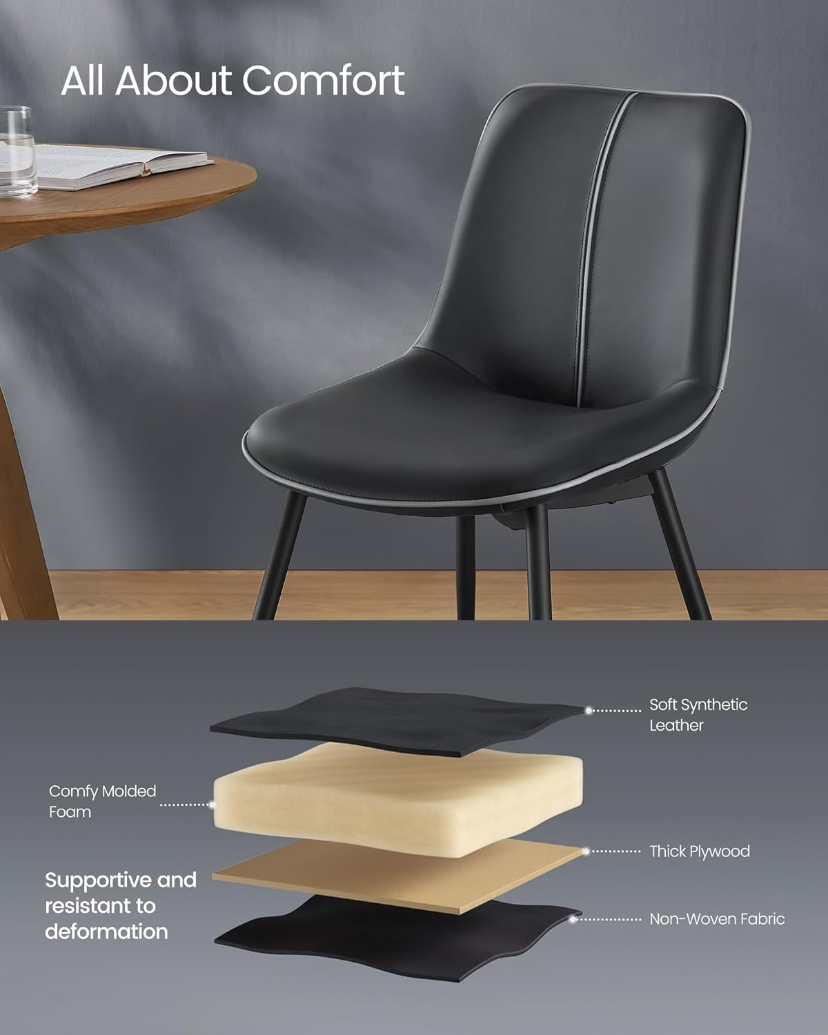 Leather Dining Chairs Set of 2, Comfortable Upholstered Seat Dining