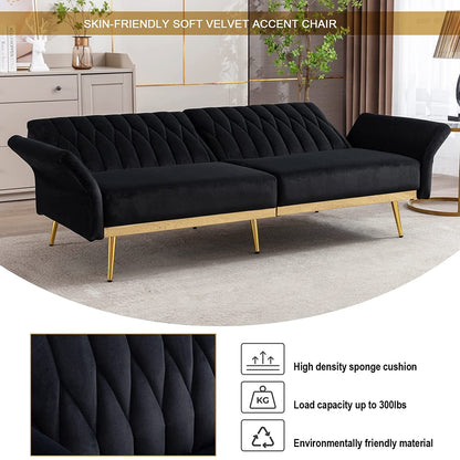 Black Velvet Convertible Sofa Bed with Metal Legs