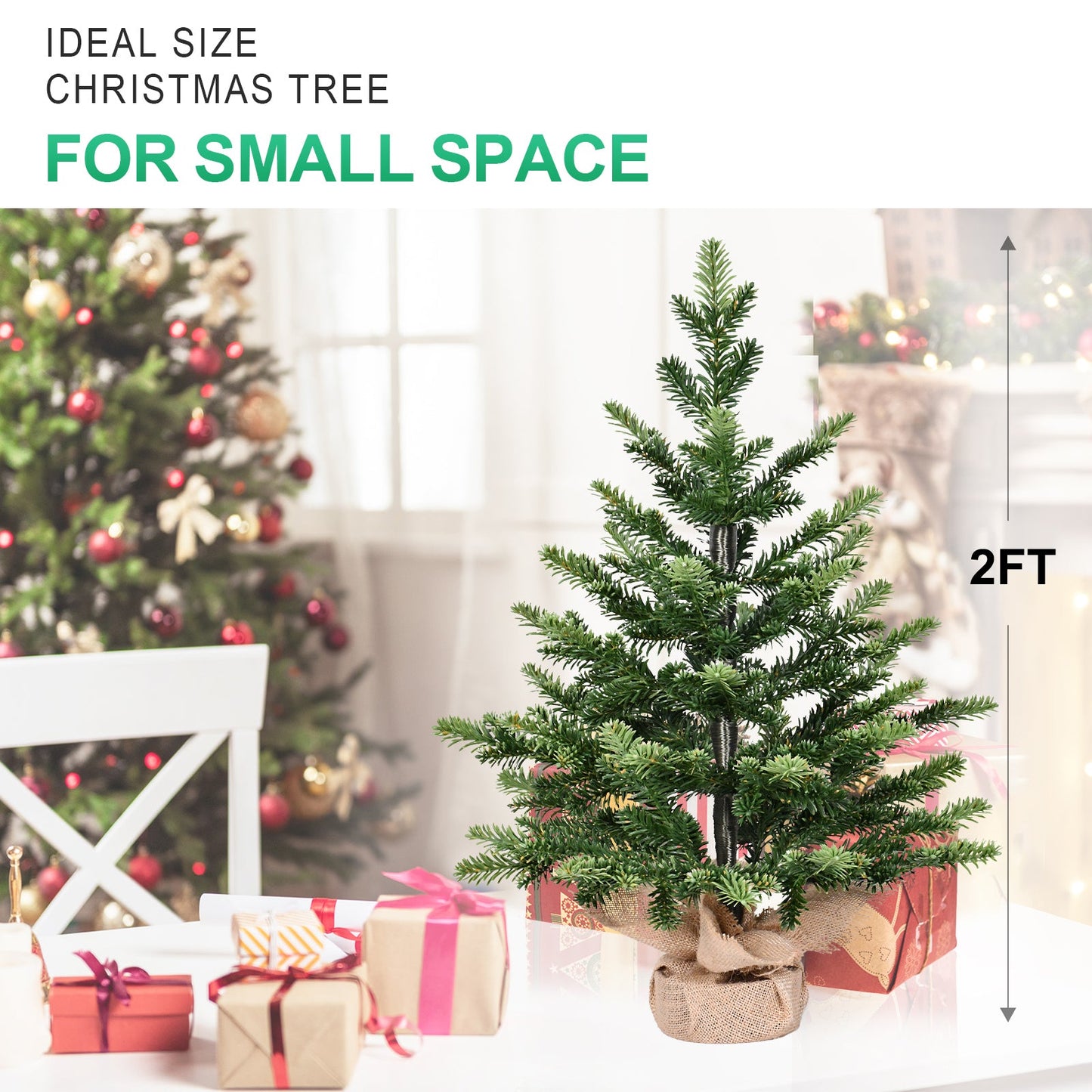 2FT Full PE Tabletop Christmas Tree with 230 Tips, Realistic Green