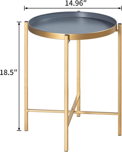 Hollyhome Small round Metal Tray End Table, (D) 14.96" X(H) 18.5", Accent Indoor&Outdoor Sofa Side Tea Table/Nightstand, Weather Resistant Coffee Table for Living Room, Balcony, Patio, Gold&Grey
