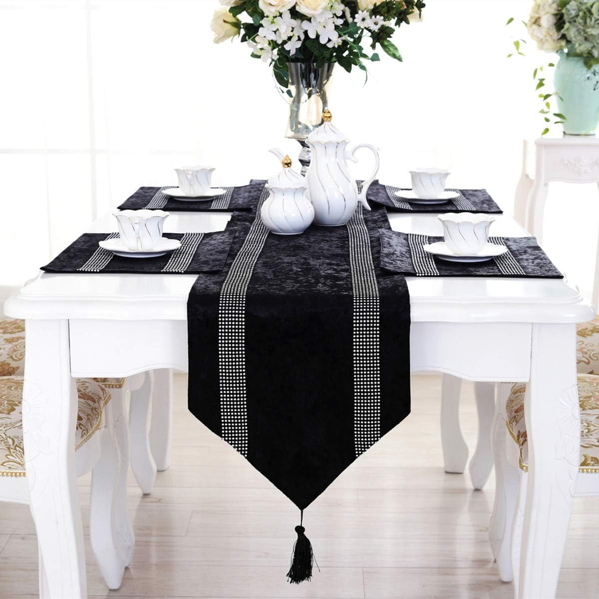 13X72-Inches European Style Rhinestone Table Runner with Tassel Decoration for Party and Wedding, Grey