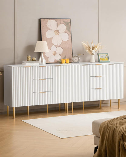 White Sideboard Cabinet with 3 Drawers, Glossy Fluted Buffet Storage
