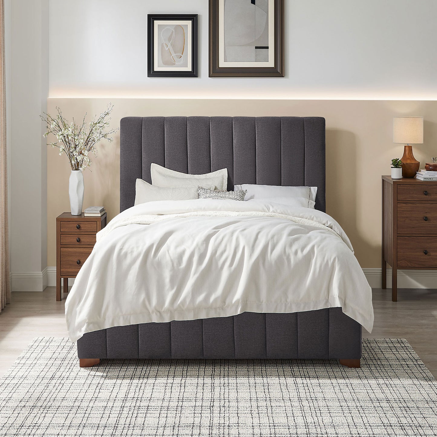 Full Size Modern Design Bed Frame Upholstered Queen Bed Frame Platform with Headboard Fabric Headboard Wooden Slats Support, No Box Spring Needed,Mattress Foundation,Dark Grey