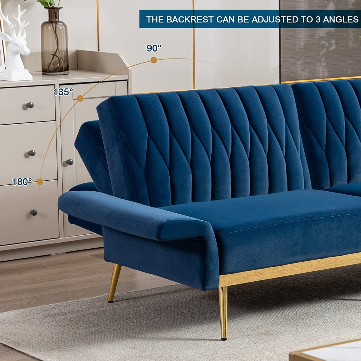 Blue Velvet Convertible Sofa Bed with Metal Legs