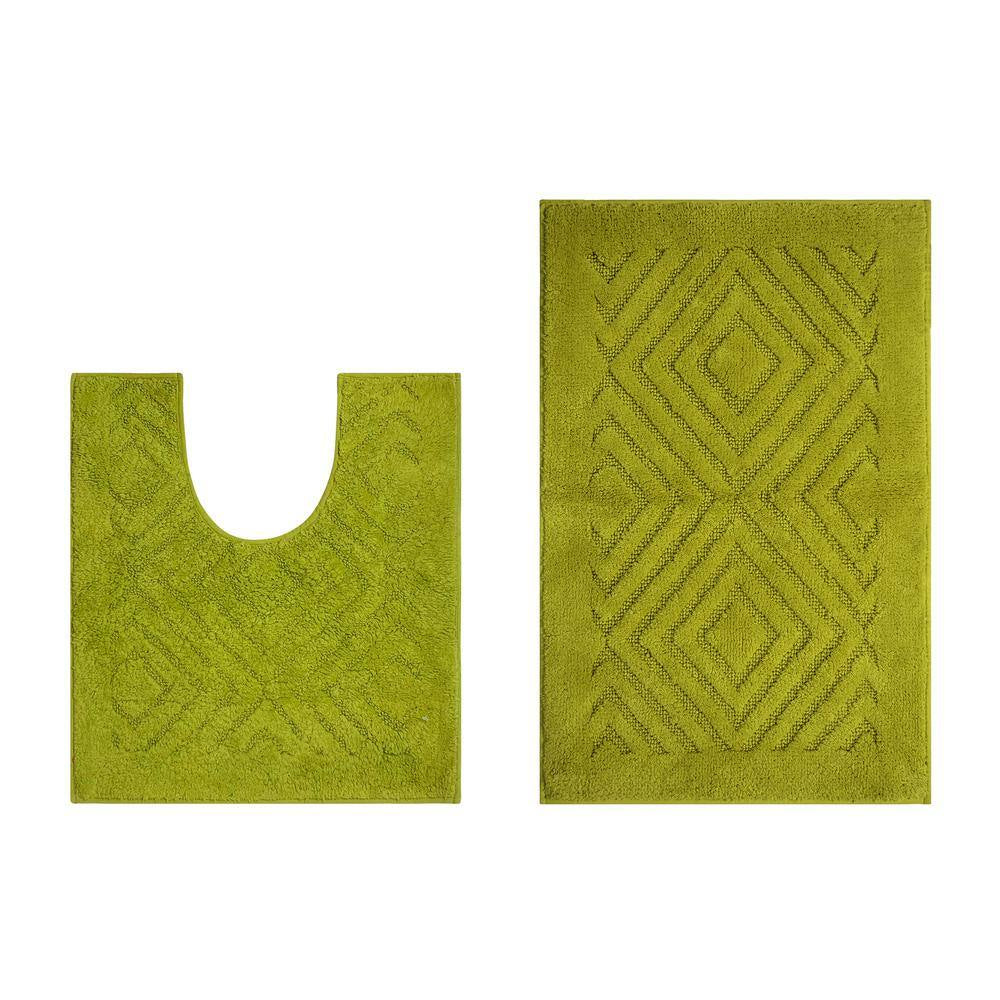Trier Collection 2-Piece Green 100% Cotton Diamond Pattern Bath Rug Set - 20 In. X 30 In. and 20 In. X 20 In.