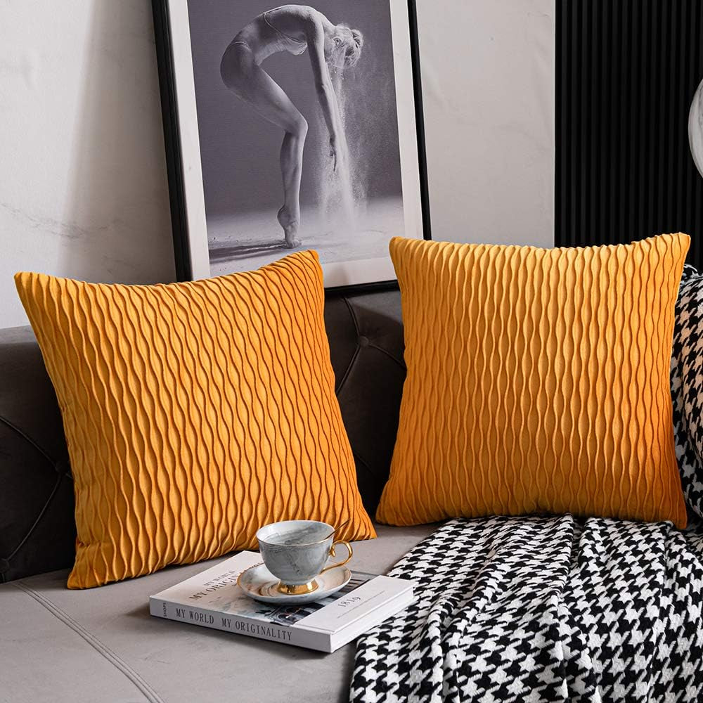 DEZENE Turquoise Throw Pillow Cases 22X22: 2 Pack Inch Original Striped Velvet Square Decorative Pillow Covers for Farmhouse Couch