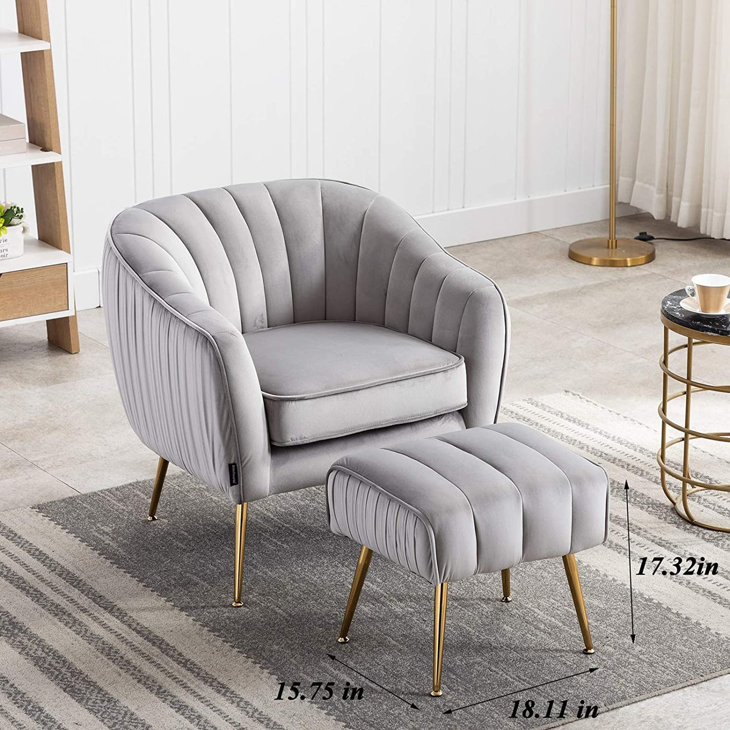 Artechworks Velvet Modern Tub Barrel Arm Chair Upholstered Tufted with Gold Metal Legs Accent Club Chair with Ottoman Footrest for Living Reading Room Bedroom, Grey