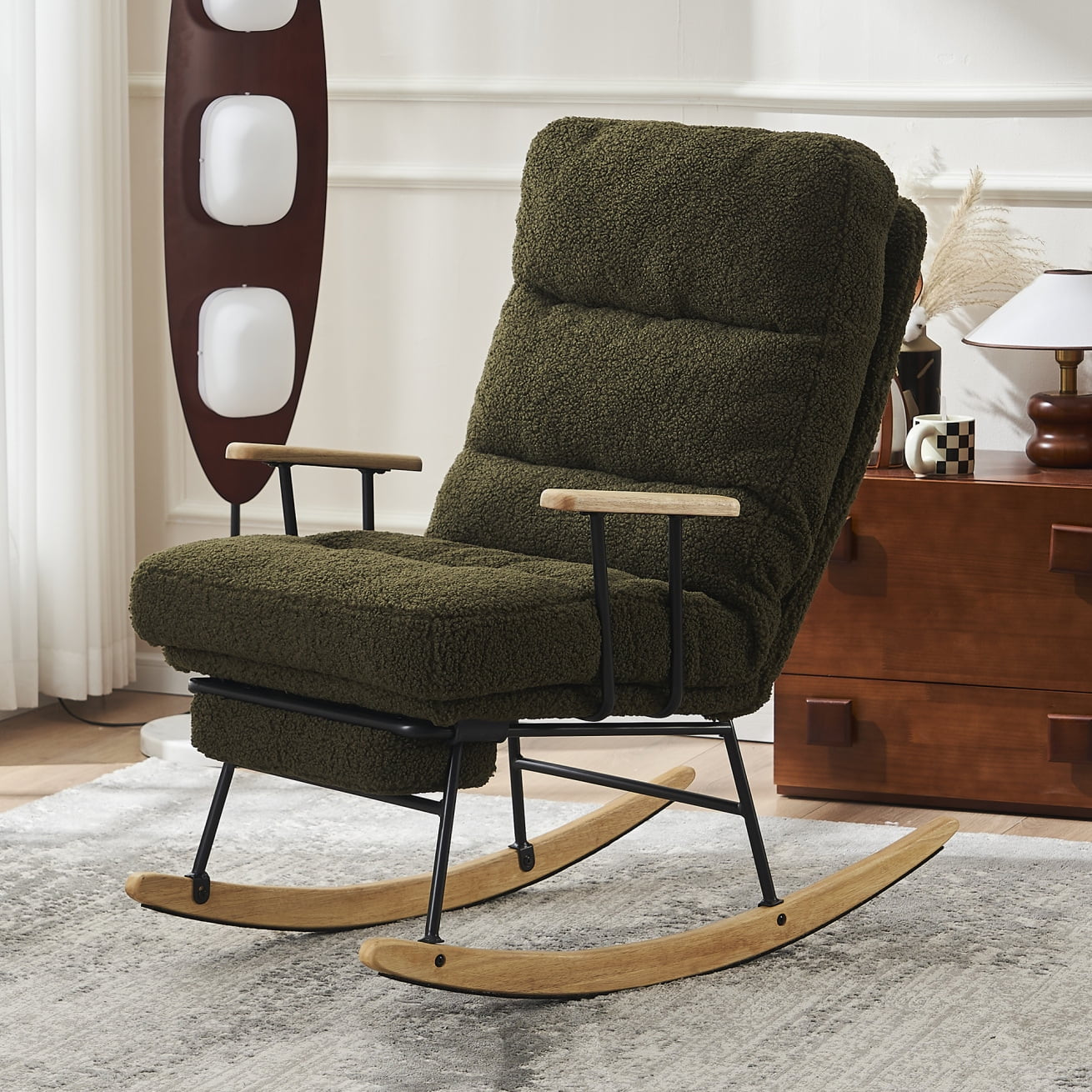 Teddy Fabric Rocking Chair Nursery Chair with Adjustable Back, Modern Gliding Rocking Chair with High Back, Retractable Footrest, Glider Recliner Nursery Chair for Nursery, Living Room, Bedroom,Green
