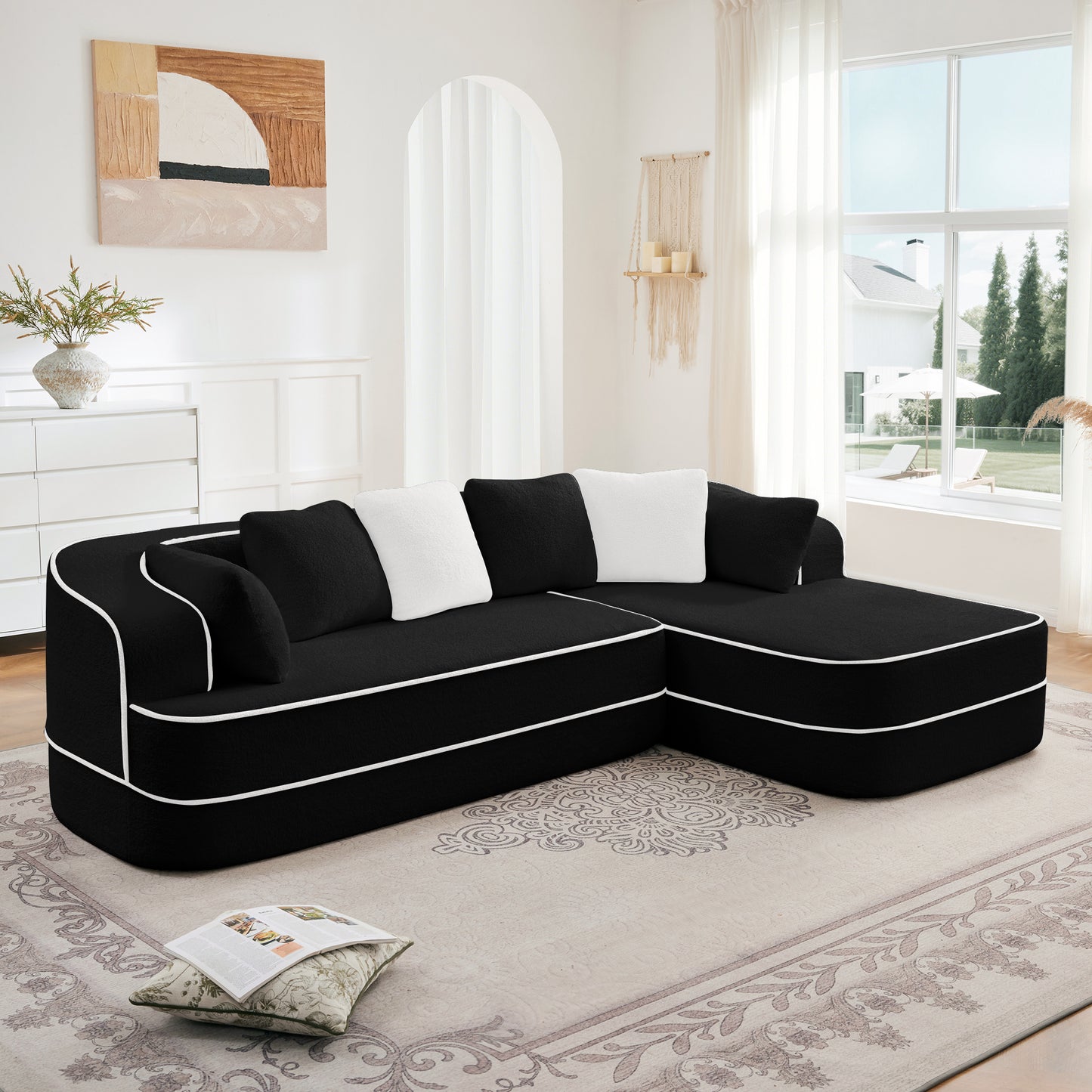 Teddy Fabric No Assembly 32D Boneless Sofa, Contrast Design Fluffy L-Shaped Chaise Couch
