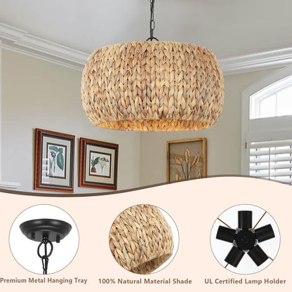 Farmhouse Rattan Boho Chandelier Rustic Pendant Lighting Fixture Ceiling Mounted