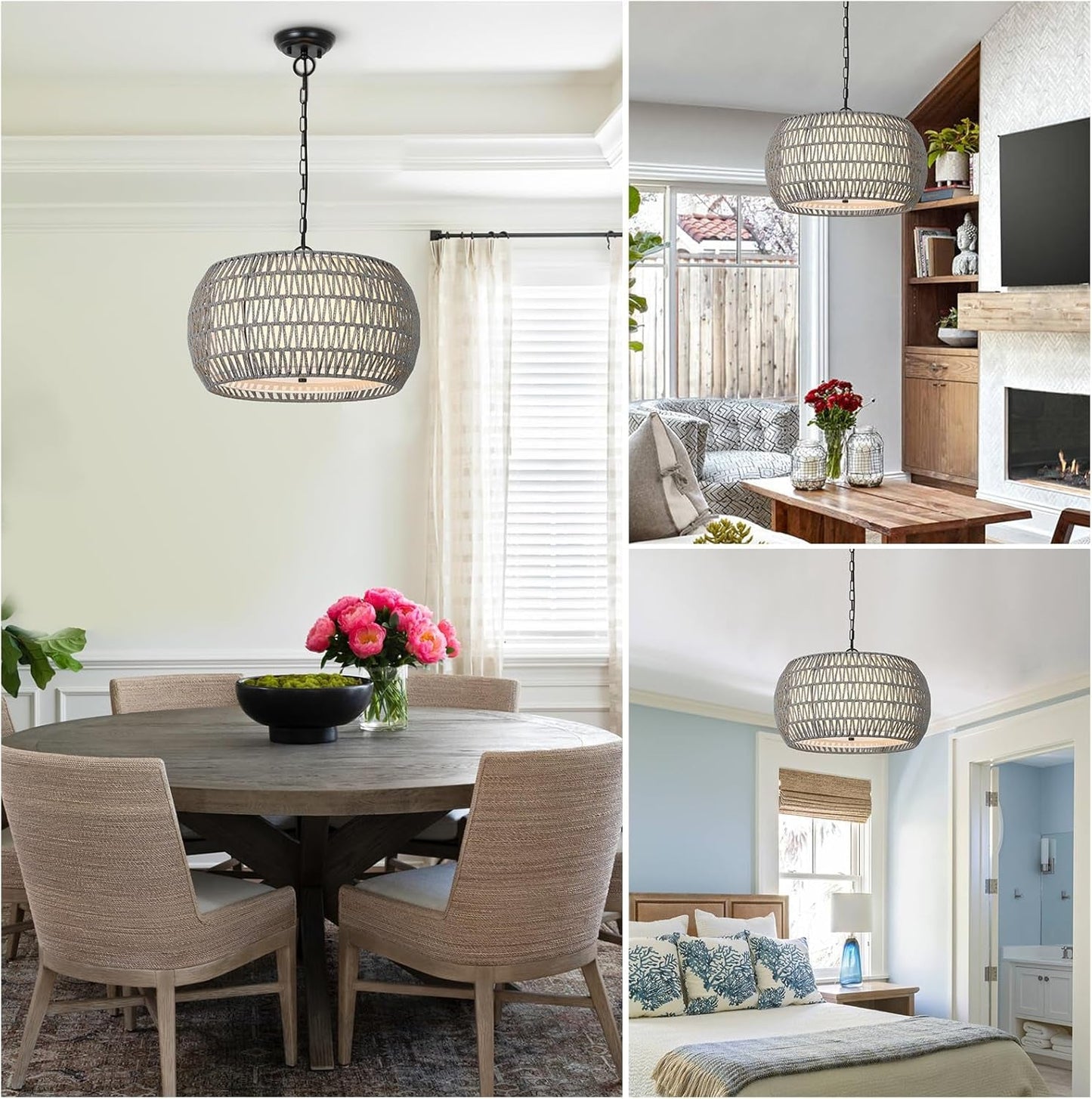 Farmhouse Chandelier Light Fixtures，5-Lights Rattan Dining Room Light