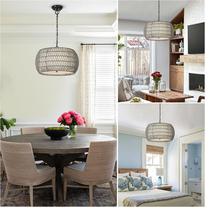 Farmhouse Chandelier Light Fixtures，5-Lights Rattan Dining Room Light