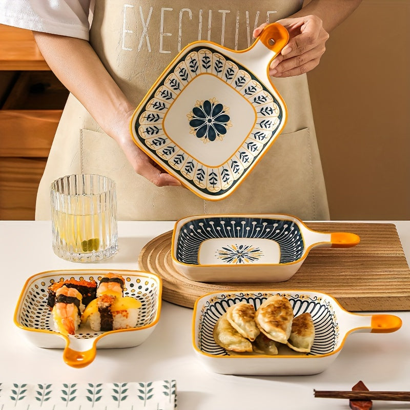 Stylish Ceramic Dinner Plate with Handle  Flower Design