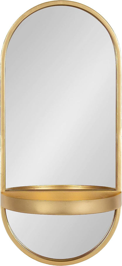 Estero Modern Metal Oval Mirror with Rounded Shelf, 11 X 25, Gold,