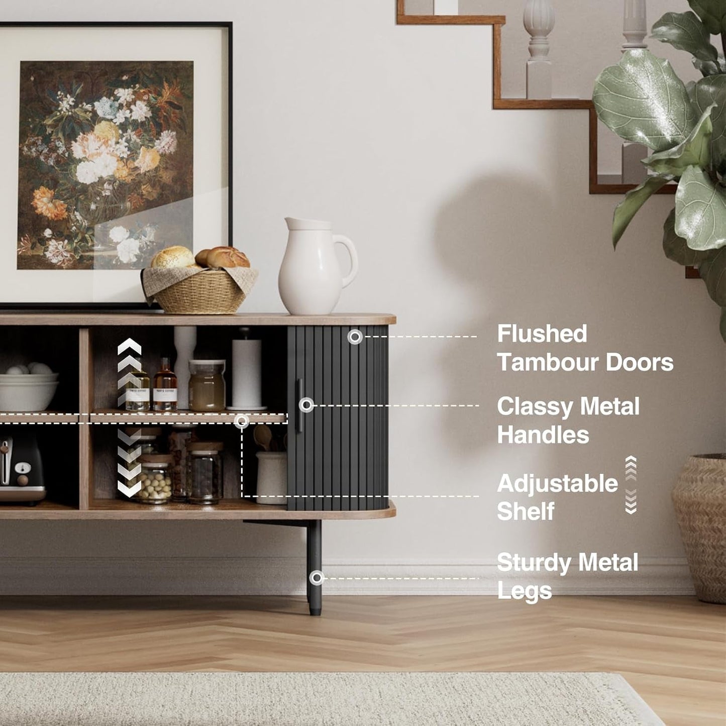 47''W Black Cabinet with Storage, Media Console, Tambour TV Stand,