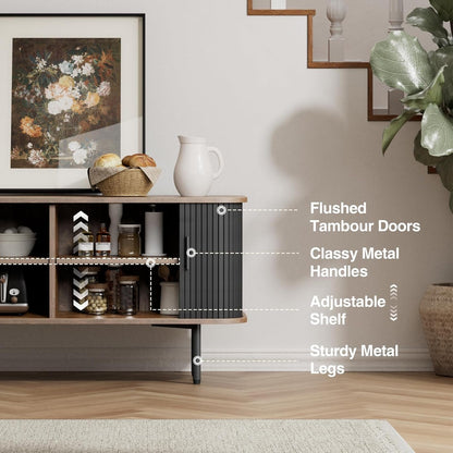 47''W Black Cabinet with Storage, Media Console, Tambour TV Stand,