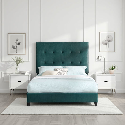 Queen Size Green Velvet Tufted Upholstered Platform Bed