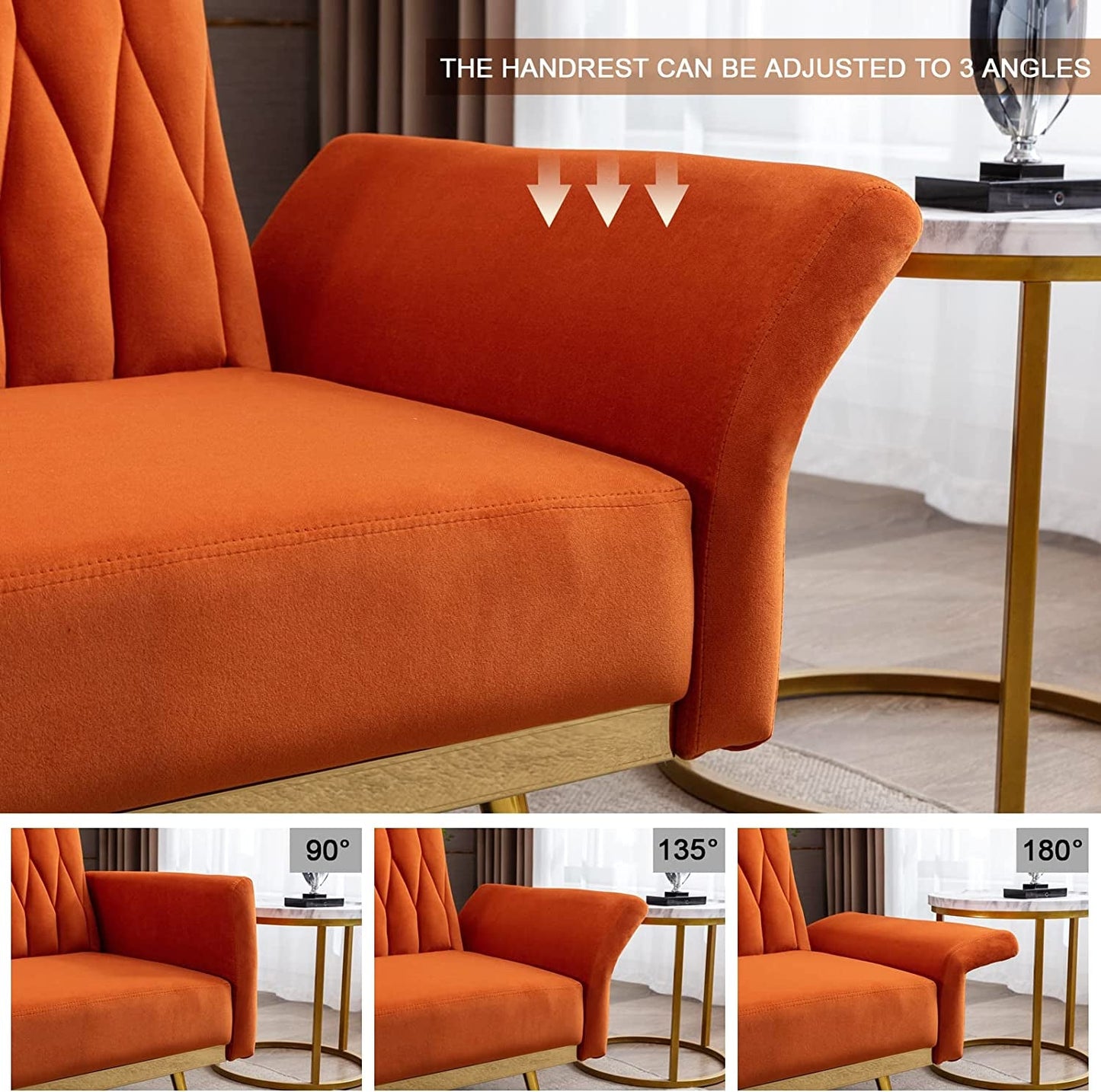 Orange Velvet Convertible Sofa Bed with Metal Legs