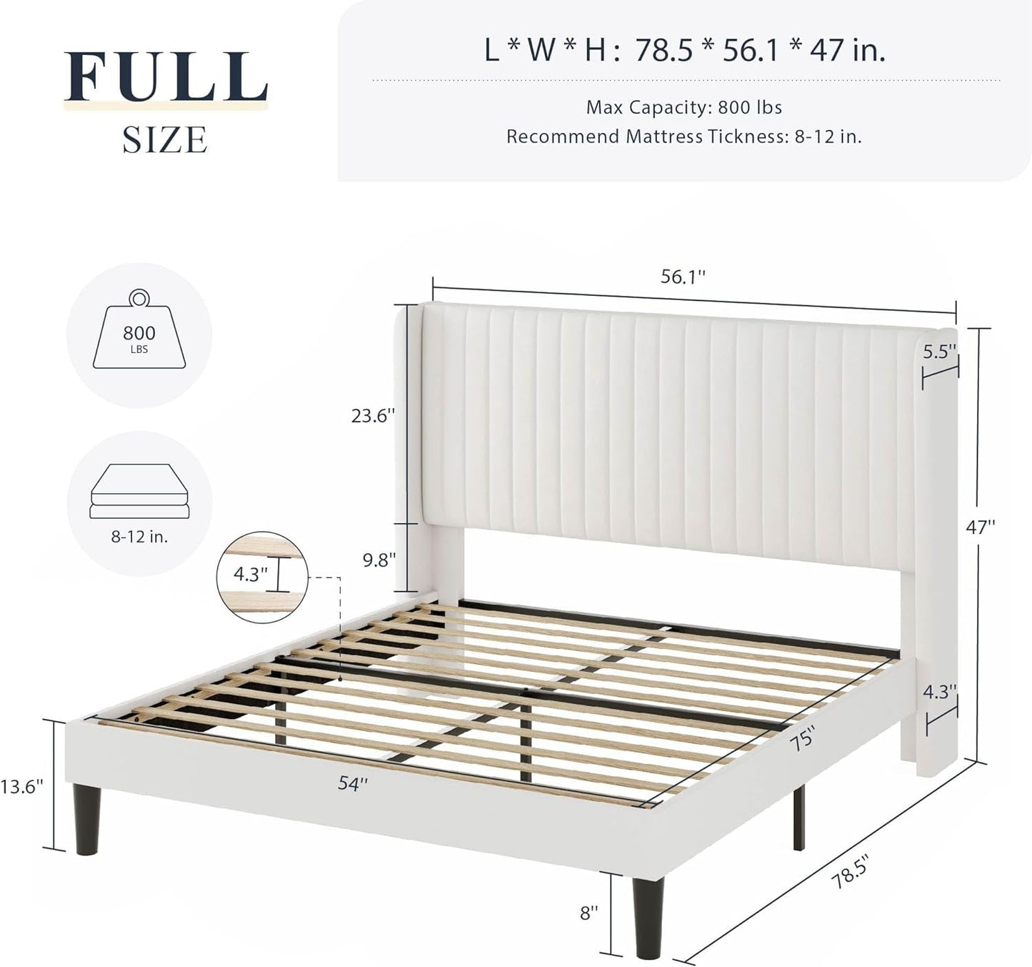 Full Size Velvet Bed Frame/Vertical Channel Tufted Wingback