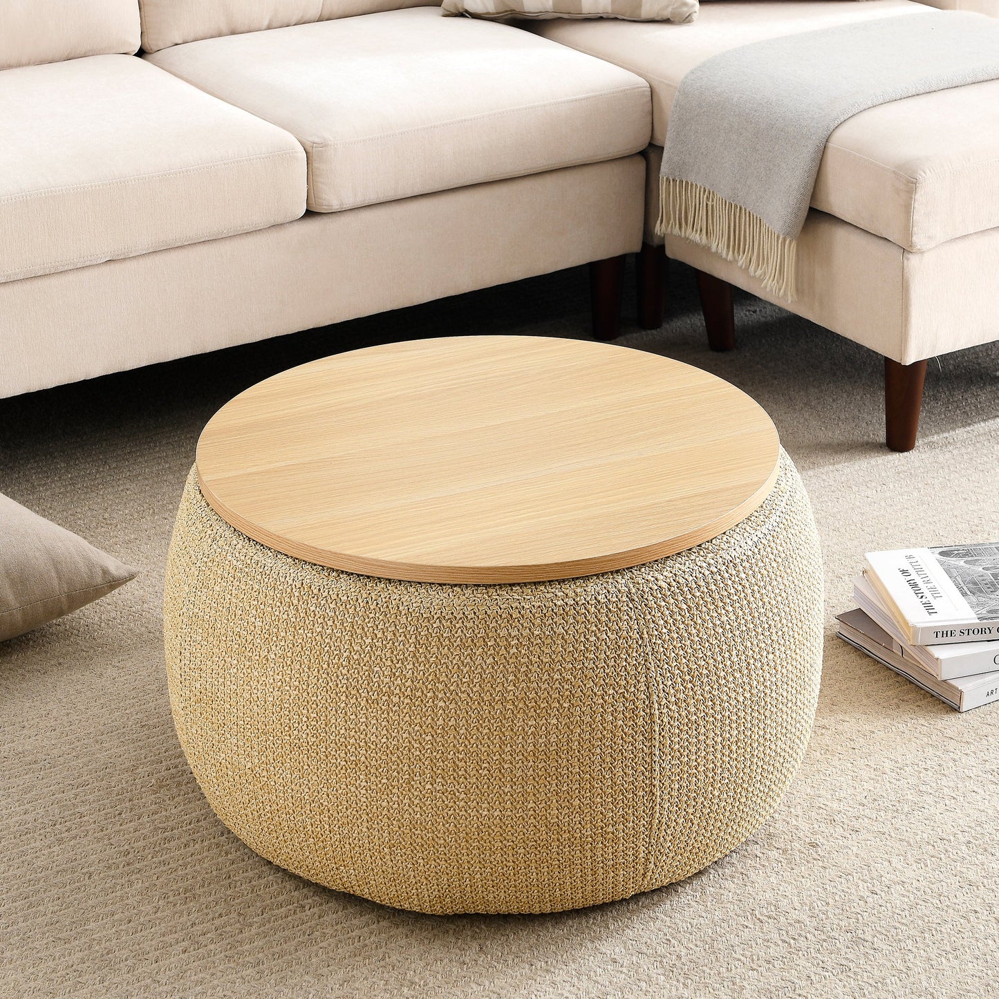 Round Storage Ottoman 2-in-1 Multi-Function Works as End Table and Ottoman