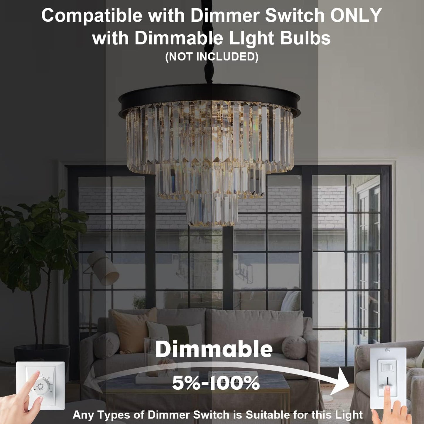 Black Crystal Chandeliers Modern round Chandeliers 20" Dimmable 9 Lights Ceiling Pendant Light Fixtures 3 Tiers Luxury Raindrop for Living Room Dining Room Bedroom Foyer