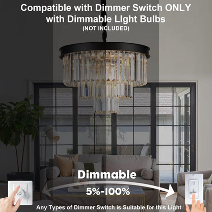 Black Crystal Chandeliers Modern round Chandeliers 20" Dimmable 9 Lights Ceiling Pendant Light Fixtures 3 Tiers Luxury Raindrop for Living Room Dining Room Bedroom Foyer