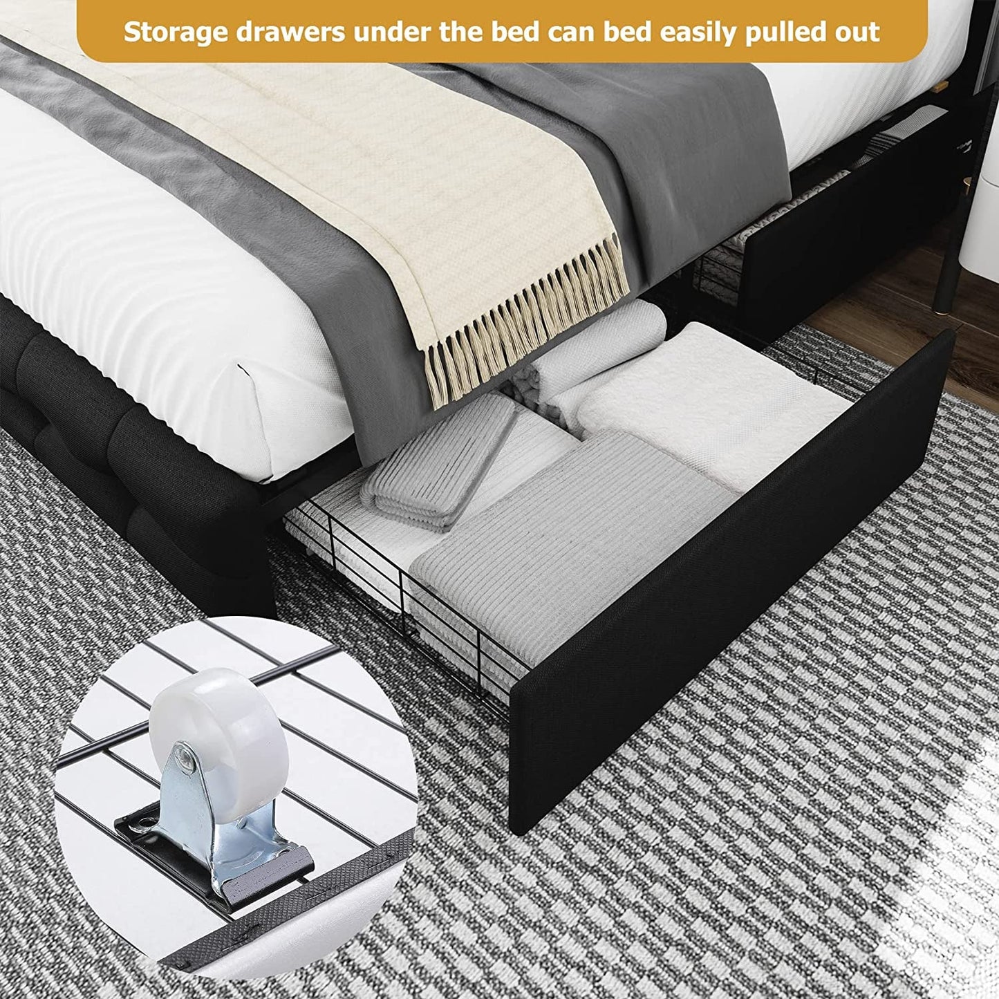 Queen Bed Frame with 4 Storage Drawers, Adjustable Headboard, Wooden