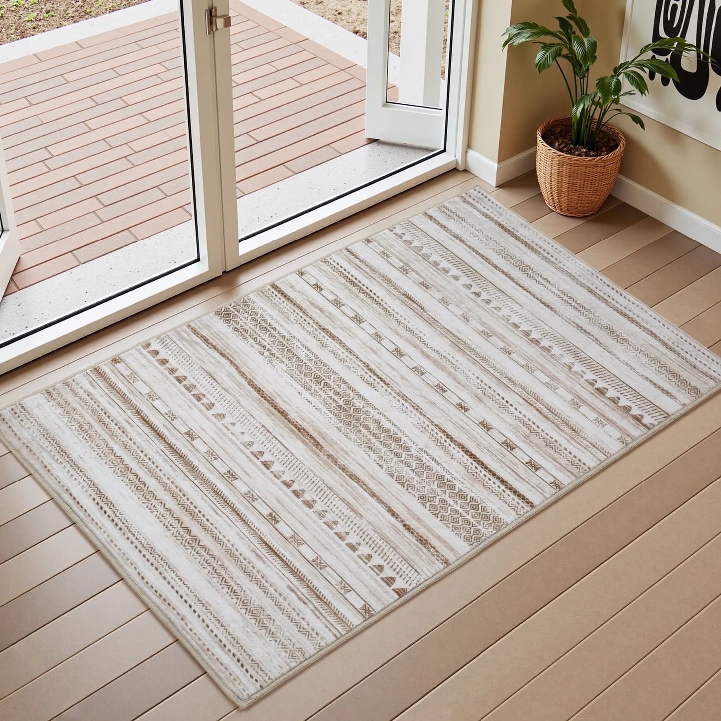 2'X3' Door Mat Entry Rug Machine Washable Rugs Boho Moroccan Area Rug Soft Neutral Geometric Bohemian Carpet Distressed Indoor Rugs for Bedroom Entryway Kitchen Bathroom Nonslip Rug Brown