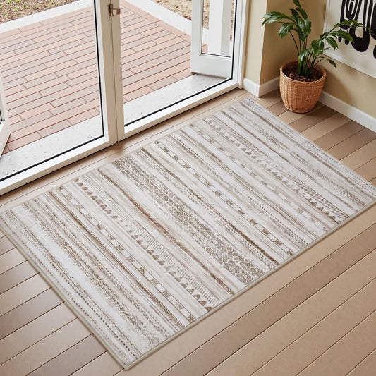 2'X3' Door Mat Entry Rug Machine Washable Rugs Boho Moroccan Area Rug Soft Neutral Geometric Bohemian Carpet Distressed Indoor Rugs for Bedroom Entryway Kitchen Bathroom Nonslip Rug Brown