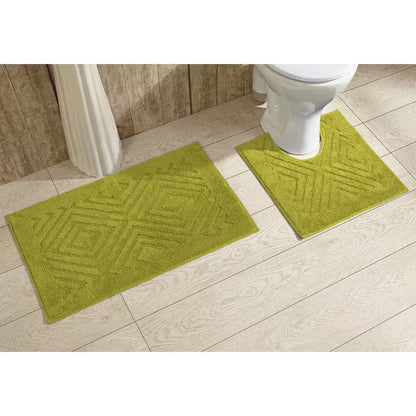 Trier Collection 2-Piece Green 100% Cotton Diamond Pattern Bath Rug Set - 20 In. X 30 In. and 20 In. X 20 In.