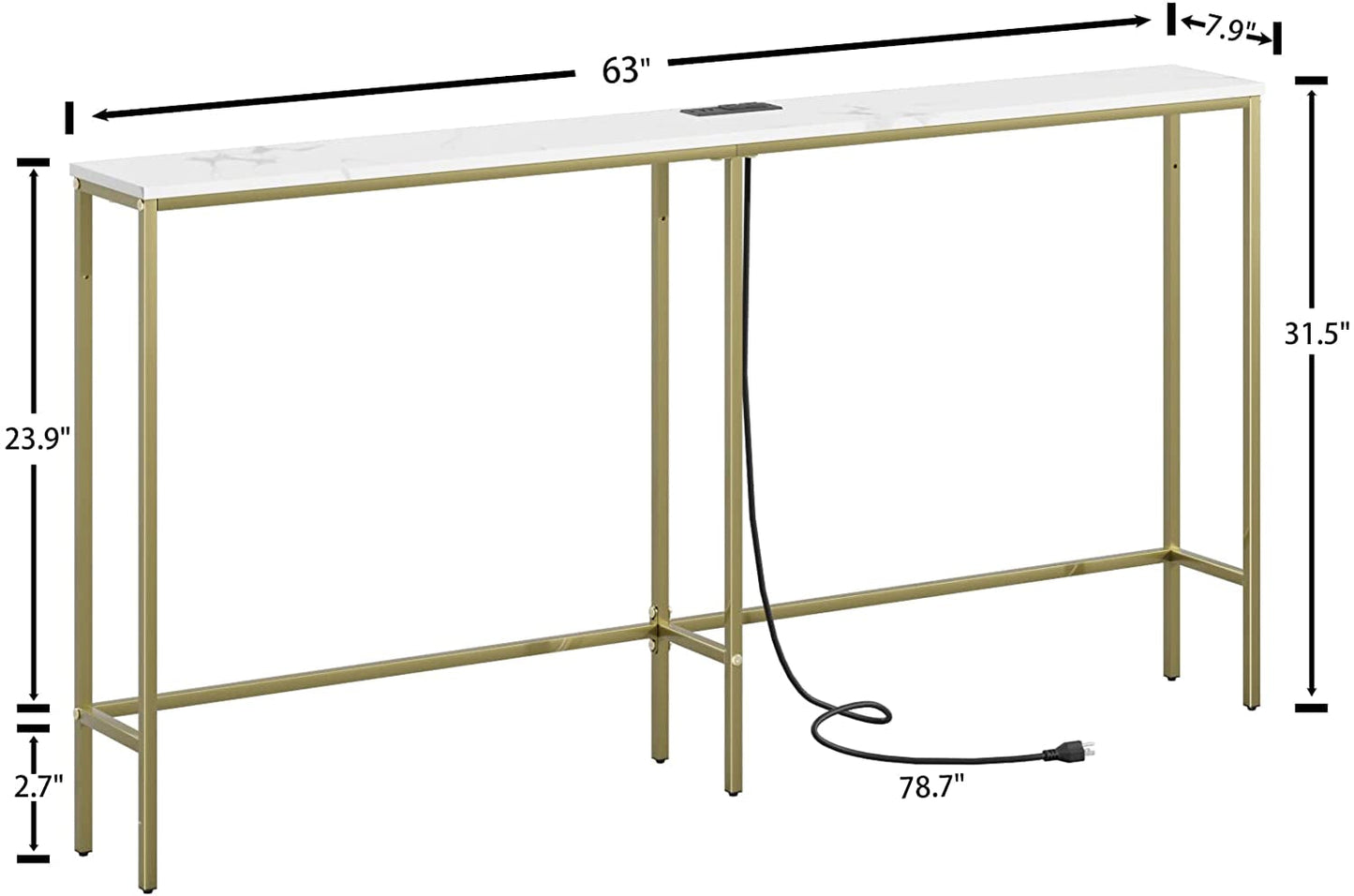 Modern Console Table with Power Outlet and Gold Frame
