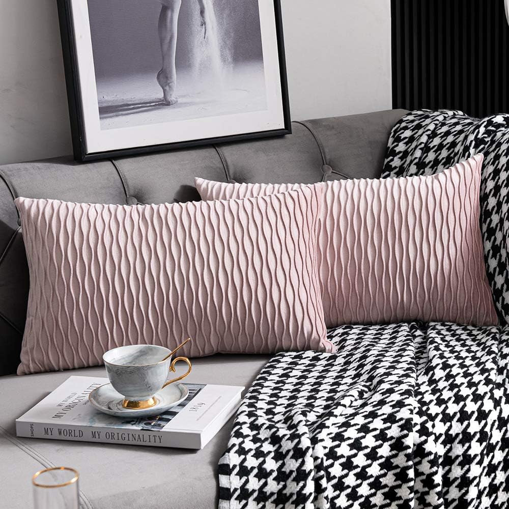 DEZENE Turquoise Throw Pillow Cases 22X22: 2 Pack Inch Original Striped Velvet Square Decorative Pillow Covers for Farmhouse Couch